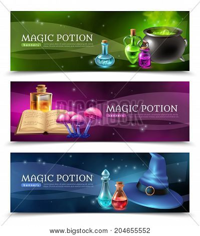 Horizontal realistic colorful banners set with mysterious magic potion and other witchcraft stuff isolated vector illustration