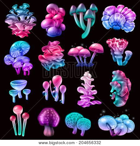 Colorful magic mushrooms of different shape with sparkles, bubbles, droplets, collection on black background isolated vector illustration