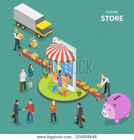 Mobile store flat isometric low poly vector concept. Conveyor bring goods to the mobile shop which sells them to people. The second part of conveyor carry money to the piggy bank.