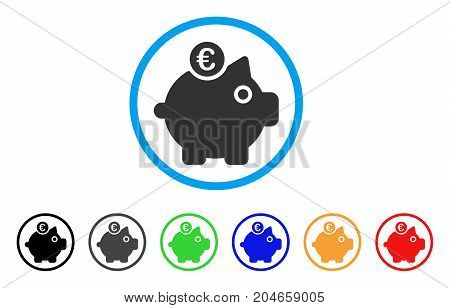 Euro Piggy Bank rounded icon. Style is a flat euro piggy bank grey symbol inside light blue circle with black, gray, green, blue, red, orange color versions.