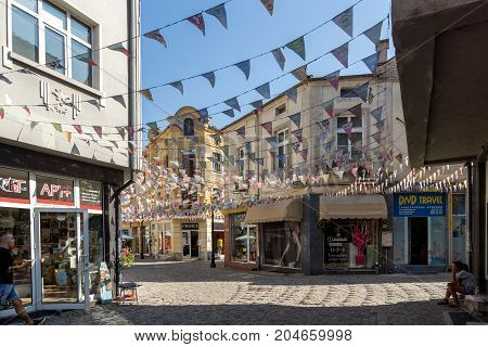 PLOVDIV, BULGARIA - SEPTEMBER 1, 2017:  Street in district Kapana, city of Plovdiv, Bulgaria