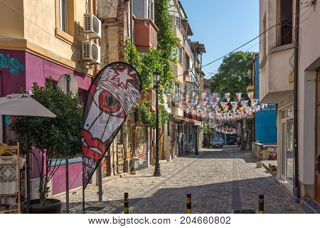PLOVDIV, BULGARIA - SEPTEMBER 1, 2017:  Street in district Kapana, city of Plovdiv, Bulgaria
