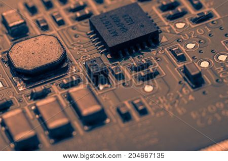 Circuit board. Electronic computer hardware technology. Information engineering component. macro photography.