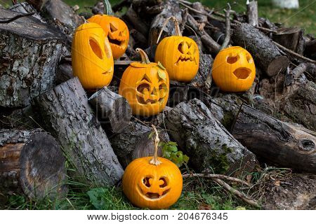 Halloween Themes. Composition Of Six Carved Halloween Pumpkins On Wooden Background. Pumpkins With D