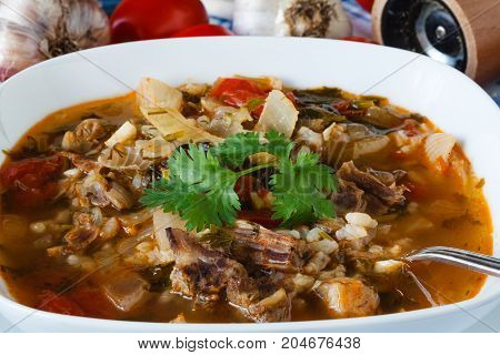 Georgian cuisine hot soup kharcho on table