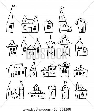 fantasy doodle houses, vector set, cartoon buildings background