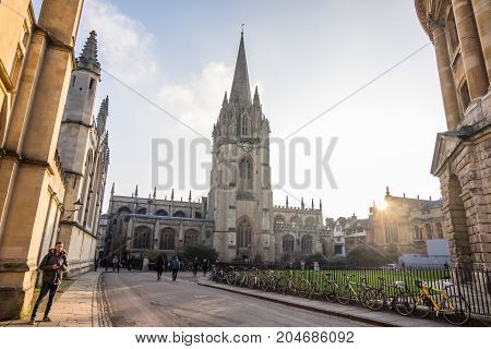 Oxford UK - December 20 2016 : View of historic university of Oxford England. Oxford is known as the home of the University of Oxford.