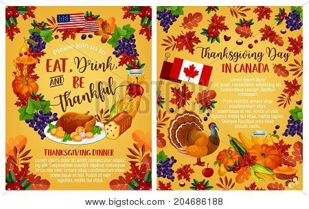 Thanksgiving day invitation poster with Canadian flag. Vector design of traditional holiday turkey and fruit pie, pumpkin, corn or fruit harvest, maple or rowan leaf for Thanksgiving design