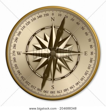 3D illustration of vintage compass showing wind rose and degrees