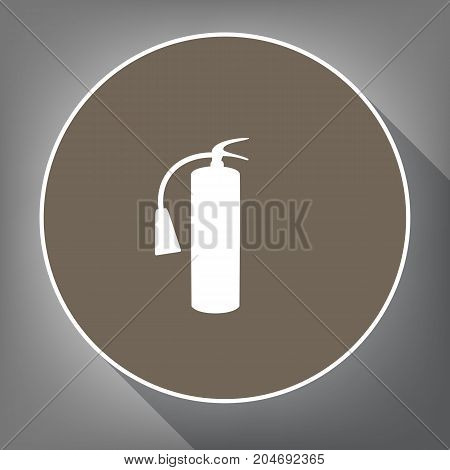 Fire extinguisher sign. Vector. White icon on brown circle with white contour and long shadow at gray background. Like top view on postament.