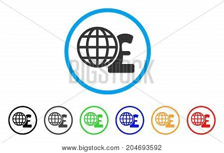 Global Pound Finances rounded icon. Style is a flat global pound finances gray symbol inside light blue circle with black, gray, green, blue, red, orange versions.
