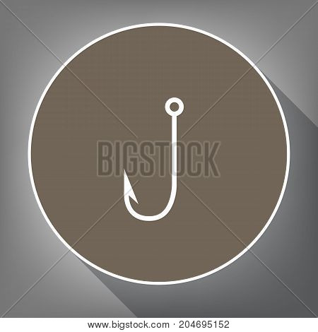 Fishing Hook sign illustration. Vector. White icon on brown circle with white contour and long shadow at gray background. Like top view on postament.