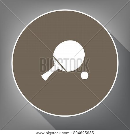 Ping pong paddle with ball. Vector. White icon on brown circle with white contour and long shadow at gray background. Like top view on postament.