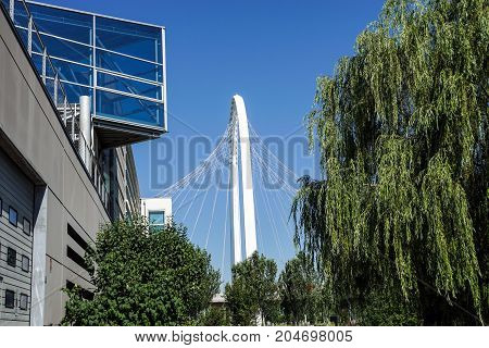 REGGIO EMILIA, February 23, 2014. Famous bridges complex by architect Santiago Calatrava in Reggio Emilia on February 23, 2014. The central arch of the bridge is 220 meters long and 50 meters high