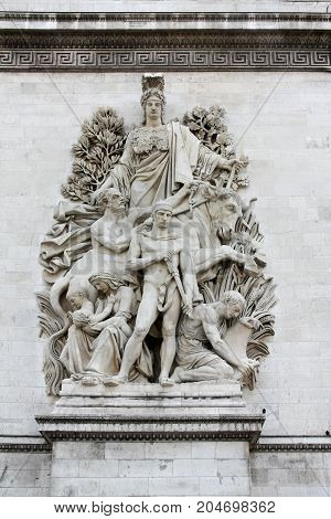 Sculpture on the Arch of Triumph, Paris - La Paix de 1815 by Antoine Etex commemorates the Treaty of Paris, concluded in that year.