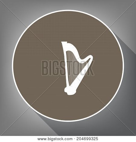 Musical instrument harp sign. Vector. White icon on brown circle with white contour and long shadow at gray background. Like top view on postament.