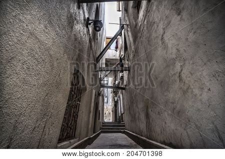 Empty Street In Old City Of Baku, Azerbaijan. Old City Baku. İnner City Buildings.
