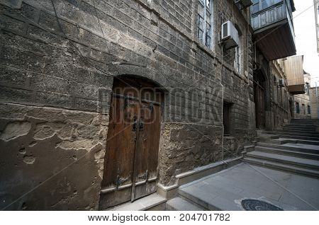 Empty Street In Old City Of Baku, Azerbaijan. Old City Baku. İnner City Buildings.