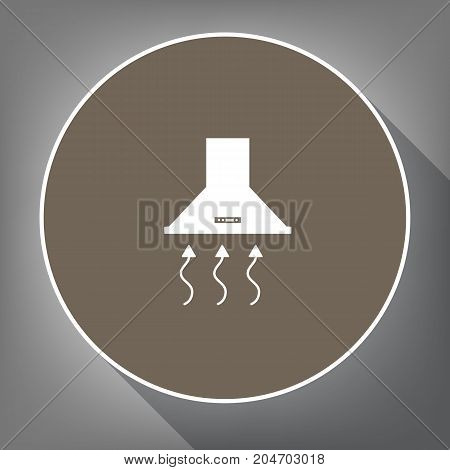 Exhaust hood. Range hood. Kitchen ventilation sign. Vector. White icon on brown circle with white contour and long shadow at gray background. Like top view on postament.