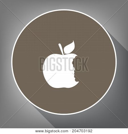 Bited apple sign. Vector. White icon on brown circle with white contour and long shadow at gray background. Like top view on postament.