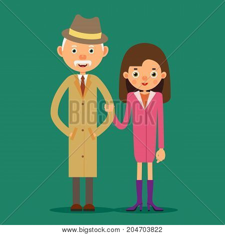 Old man and young girl. An elderly man stands next to a young girl who holds his arm. Grandfather and granddaughter. Illustration in flat style. Isolated