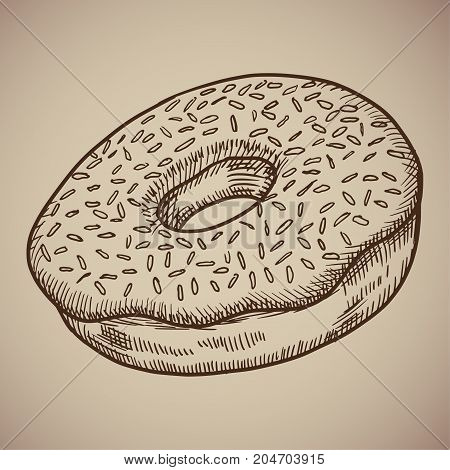 Engraving chocolate donut. Very sweet and tasty snack for coffee. Engraving menu for the restaurant. Vector illustration. EPS 10.