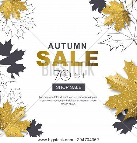 Autumn sale banner with 3d style gold and outline maple autumn leaves. Vector fall poster golden background. Layout for discount labels flyers and shopping.