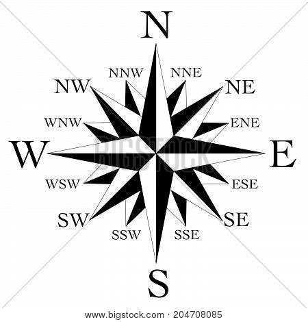 compass face with 16 point wind rose black on white background
