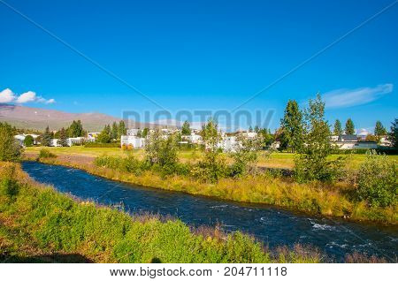 River Glera In Town Of Akureyri In Iceland