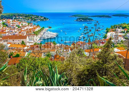 Famous view at marble Adriatic Coast scenery in Croatia during summer, Hvar town seascape.