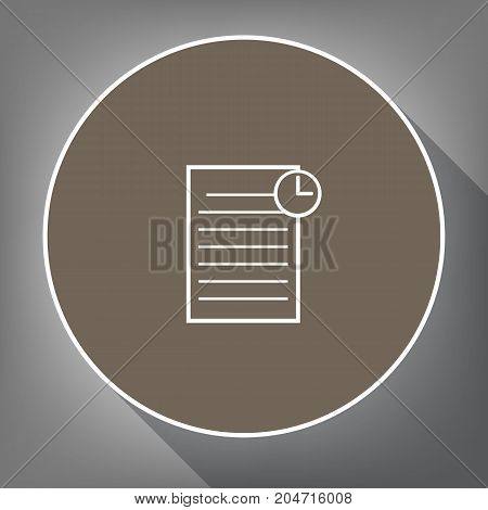 Check mark sign illustration. Vector. White icon on brown circle with white contour and long shadow at gray background. Like top view on postament.