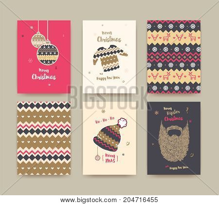 Merry Christmas greeting card set with cute winter hat sweater vintage beard christmas balls and christmas patterns golden colors