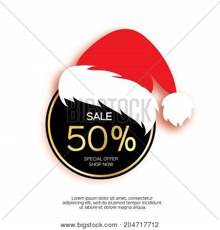 Modern paper cut circle sale banner with Santa Claus hat, special offer, 50 percents discount. Merry Christmas. Happy New Year. Origami Label template. Shop now. Space for text. Vector illustration