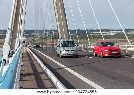 Traffic at Pont de Normandie French bridge over river Seine near Le Havre and Honfleur