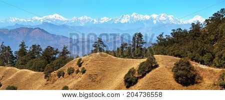 Mountain panoramic view of great himalayan ridge Everest area and Rolwaling area Nepal