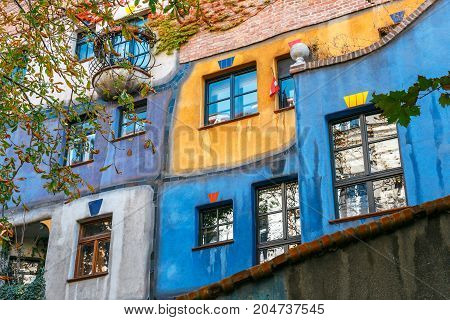 Vienna, Austria - October 14, 2016: Facade Of Huntdertwarsser House In Vienna. The Hundertwasser Hou