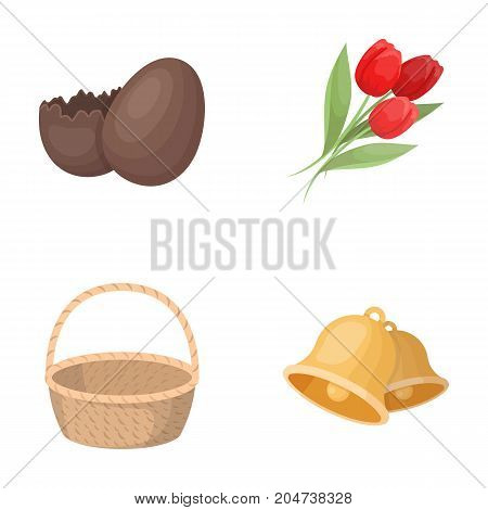 Chocolate egg, bells, basket and flowers.Easter set collection icons in cartoon style vector symbol stock illustration .