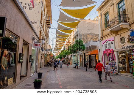 Nicosia, Cyprus, March 2017: Shaded Ledras walking street with shops in Nicosia city centre Cyprus