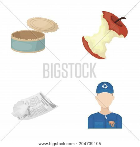 Can used used pot, apple stub, old dirty and wrinkled newspaper, the man who takes out the garbage.Garbage and trash set collection icons in cartoon style vector symbol stock illustration .