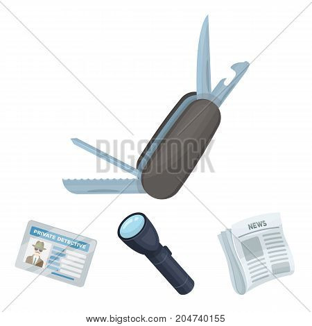 Flashlight, newspaper with news, certificate, folding knife.Detective set collection icons in cartoon style vector symbol stock illustration .