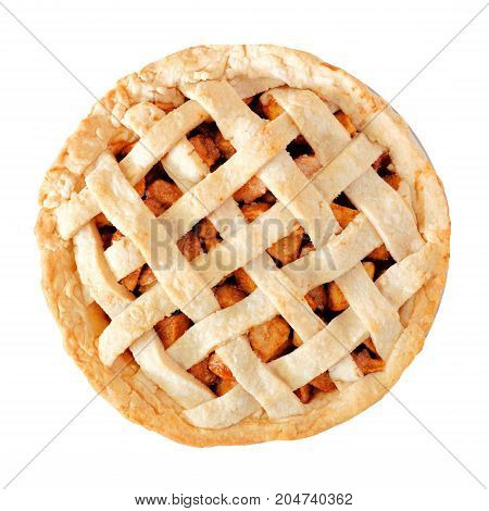 Homemade Apple Pie With Lattice Pastry Isolated On A White Background, Above View