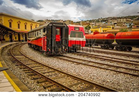 QUITO, ECUADOR AUGUST 20 2017: Beautiful Ecuadorian steam colomotive in chinbacalle trains museum, located in the city of Quito, Ecuador.