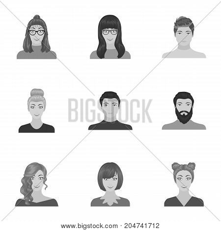 Appearance of the girl in glasses, a guy with a hairdo, a bald man with a beard and other varieties of face. Faces and appearance set collection icons in monochrome style vector symbol stock illustration .