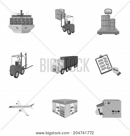 Forklift, cargo plane, goods, documents and other items in the delivery and transportation. Logistics and delivery set collection icons in monochrome style isometric vector symbol stock illustration .