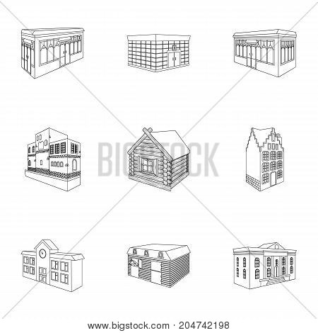 Municipality building, bank office building, stable, wooden hut, bridge and other architectural structures. Architecture and facilities set collection icons in outline style vector symbol stock illustration .