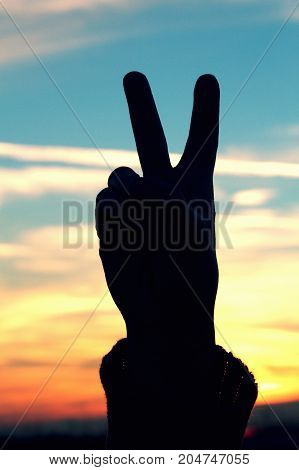 a woman giving a peace sign at sunset.