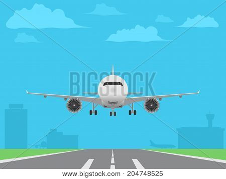 White plane landing on runway. Airport buildings background