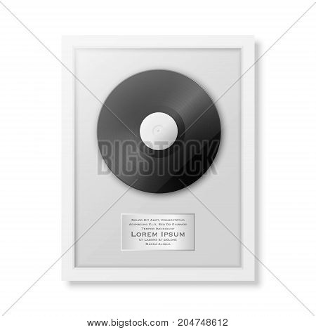 Realistic vector LP and label in glossy white frame icon closeup isolated on white background. Single album disc award. Design template. Stock vector mockup. EPS10 illustration.