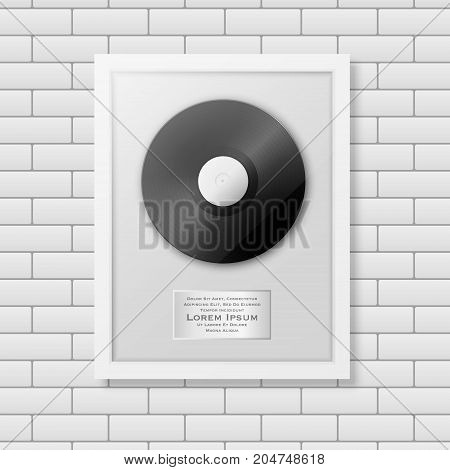 Realistic vector LP and label in glossy white frame icon closeup on white brick wall background. Single album disc award. Design template. Stock vector mockup. EPS10 illustration.