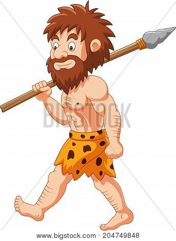 Vector illustration of Cartoon caveman hunting with spear
